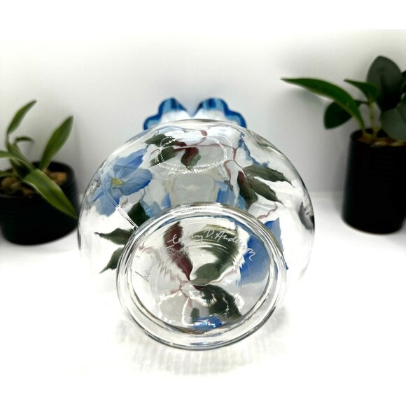 Fenton Blue Floral • Opalescent Rib Base Ruffled Aqua Crest Vase Signed - Picture 6 of 9